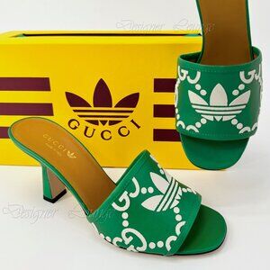 NEW GUCCI x ADIDAS GG Trefoil Logo Green Leather Heel Sandal Pump EU 39.5 US 9.5